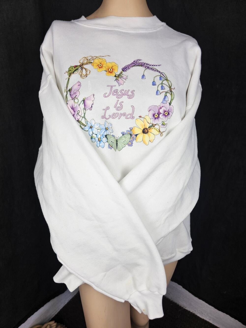 Vintage 90s Jesus Is Lord Sweatshirt Large White Graphic Christian Floral USA